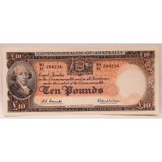 AUSTRALIA 1960 . TEN 10  POUNDS BANKNOTE . VERY SCARCE IN UNCIRCULATED CONDITION